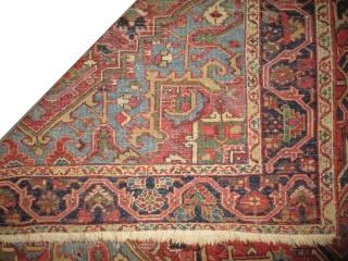 Heriz Persian knotted circa in 1915 antique, 304 x 206 
 carpet ID: P-5244
The black knots are oxidized, the knots are hand spun wool, the background color is terracotta, the center medallion  ...