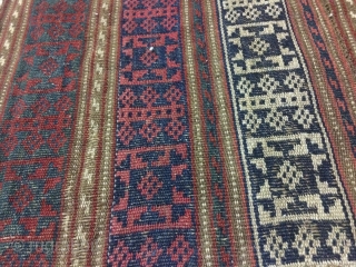 Bidjar-Iran Kurdish jajim with Geometrical pattern belongs to first half 20th.
size:110*180 cm
Some signs of wear and aging is visible though it was kept unused for many years.
Please contact for more images.
  