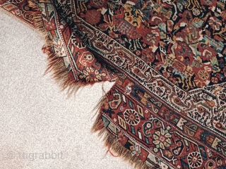 Amazing antique 19th century rug from shiraz-Iran (kashkai)
Even in this situation it is highly decorative and eye catching.
SIZE: 130cm/180cm
vegetable colours             