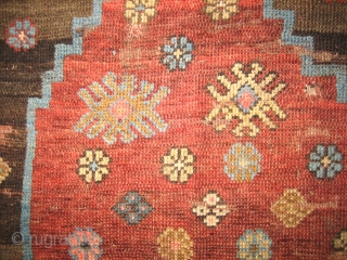 Fragment of old Kurdish weaving with captivating design of an archaic stepped arch form on a spare field, original selvages; 3rd quarter 19c; 3.5 feet Horiz. x 2.0 feet Vert. (104x61cm). Wonderful  ...