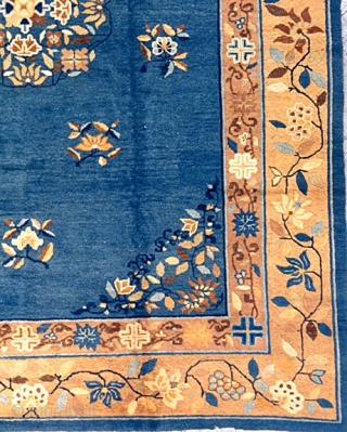 From the estate of a friend, a lovely antique western China/Mongolian carpet, approx. 9x12 feet, c. 1900-20, with pale blue ground and cotton foundation. Bold decorative undulating vine border in attractive harmonious  ...