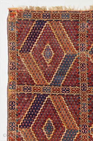 Hard to find "Garden" type Beshir carpet with considerable age, first half 19c. In good condition with a few small faded ancient reweaves, minor wear, wrapped selvages. Lovely patina, handle, and color  ...