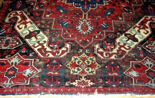 A dramatic mid-19c Zeichur rug from the Caucasus Kuba region displays familiar bold motifs found in 18c embroidered textiles and large workshop carpets. Generous in size and scale with saturated natural dyes.  ...