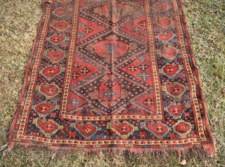 Small Beshir rug, 2nd. half 19th century, 7ft. 2in. x 3ft. 10in. or 2.18m. x 1.17m. Good colors and border design, with condition issues as shown, but priced accordingly. If you get  ...