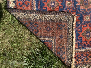 Sold! Nice old Baluchi. 36” x 60”. Good pile but corroded brown. Great wool and natural dyes including salmon red. $150            