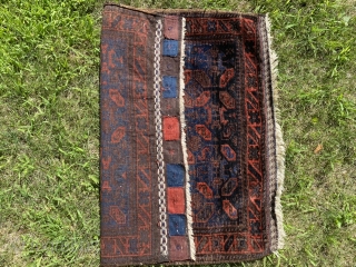 Sold! Antique Baluchi bag face in full pile. Iridescent indigo and deep madder. 32” x 28” $200                