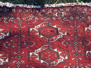 SOLD! Tekke 6 gul torba of significant age and quality! Intense detail in the main guls which are of good size. Condition leaves much to be desired! The pice is very low-pile,  ...