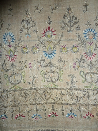 Beautiful and rare Algerian silk and metal thread embroidered shawl, very unusual design, lovely colours, 18th./ early 19th. cent., 280 x 30 cm, 9.2 ft x 1 ft.     