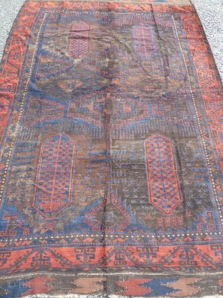 Fabulous baluch main carpet, amazing blues, wonderful red border, very fine for size, heavy, super wool, complete with kilim ends but heavily corroded black as one would expect with that age, just  ...