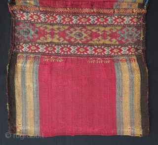 Complete Karabagh Silk Khorjin, first half of 19th century, 80x32cm, extremely finely woven in jajim technique with sumak decorations outlined with metal threads. Probably made in Nagorno Karabagh by Armenian master weaver.  ...