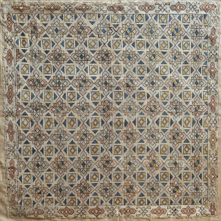 Caucasian silk embroidery, 2nd half 18th c., 74 x 73 cm. Typical "Baku" (?) style embroidery with pastel-like colors. Mounted on cloth, outer dotted borderline reconstructed on mount, some damgage (image 3).
Contact:  ...