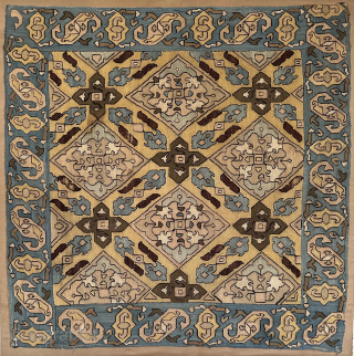 Caucasian silk embroidery, 2nd half 18th c., 64 x 64.5 cm. Typical "Baku" (?) style embroidery with pastel-like colors. Mounted on cloth, some slight damgage, few stains (image 3). 
Prov.: ex-Sailer collection,  ...