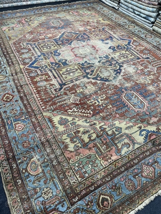 Antique Bakshaish Rug in large size and perfect colors ( camel hair , salmon , red , blue border )
Condition is bit worn but age and quality is perfect and no repair  ...