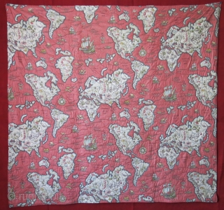 European printed and embroidered satin world map.  It has metallic chain stitched bordering around continents. It has plain fine cotton backing. Should be sometime early 20th century. Size:118 cm X 112 cm (46"x 44"). 