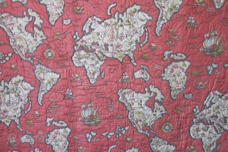 European printed and embroidered satin world map.  It has metallic chain stitched bordering around continents. It has plain fine cotton backing. Should be sometime early 20th century. Size:118 cm X 112 cm (46"x 44"). 