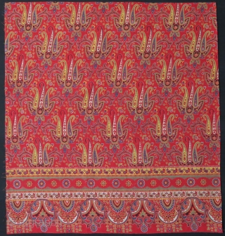 Russian printed antique cotton cloth fragment. This is a roller-printed fine cotton cloth. These types of fabrics were produced in Russia for export to Central Asian countries. Early floral stylized tulip motifs  ...