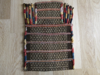 Persian Hallach tribal salt bag. Double side warp face woven. Circa 1920. Mostly natural colors. Size: 32 cm x 47 cm (12.5" x 18.5").         