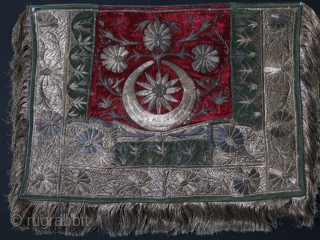 Ottoman Saddle cover – silver embroidery on velvet and leather. It must belong to a Governor or dignitary. Ottoman star and crescent moon with blossoming flowers of 19th century. Size: 32” X  ...
