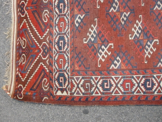 A good late 19th century Yomut carpet approx 9ft6 x 5ft6. Generally sound condition, some low area to the centre and damage to one end, can be repaired or used as is.  ...