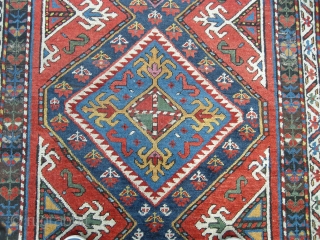 A great coloured south Caucasian long rug 19th century all good colour including cochineal. Approx 10ftx3ft6. Some corrosion bud good pile. Wonderful saturated colours.         