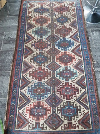 A white Memling Carpet , Baluchistan , Circa 19th , size : 196x97cm.
Very nice colors and drawling , great light blue border . needs to be cleaned , 
Condition as photos here,  ...