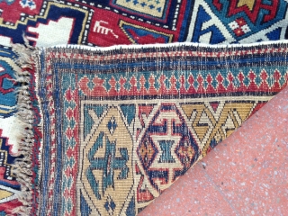 September sale :
Pretty Caucasian rug ( Lezgi ) with a nice Kufik border and colours.
Size : 141x92
Circa : 1870s
              