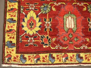 Amazing Antique Caucasian Karabakh (Qarabag) Carpet, 19th Century,

395 × 295 cm (12' 11" × 9' 8")

The ivory field wit overall design of stylised cypress trees, shaped floral panels, angular floral sprays and  ...