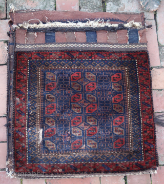 Baluch Double Saddle Bag-- approx 23 × 25” (each bag)

Khorgin (double bag) likely western Afghanistan. Plush silky pile. Finely detailed weft facing brocade on back kelims (photo 3).

Ex James Douglas personal collection.  ...