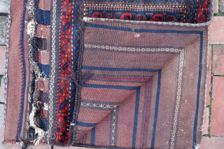 Baluch Double Saddle Bag-- approx 23 × 25” (each bag)

Khorgin (double bag) likely western Afghanistan. Plush silky pile. Finely detailed weft facing brocade on back kelims (photo 3).

Ex James Douglas personal collection.  ...