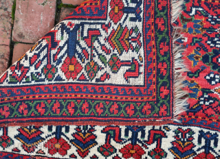 Large Southwest Persian Rug/Bag Face-- approx 26 × 41”

Bright saturated colors. Possibly Luri-Bahktiari. Note bird motifs (Khamseh influence?). Interest in tribal textiles eventually compelled JD to seek things other than Baluch.

Ex James  ...