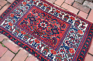 Large Southwest Persian Rug/Bag Face-- approx 26 × 41”

Bright saturated colors. Possibly Luri-Bahktiari. Note bird motifs (Khamseh influence?). Interest in tribal textiles eventually compelled JD to seek things other than Baluch.

Ex James  ...