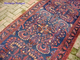 Hamadan Runner. 3 ft 7 in  x 10 ft 1 in-- Deep blue with soft vegetable colors and lots of interesting abrashes. Classic Art Deco floral motif with some tribal nuances.  ...