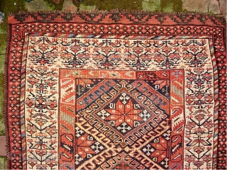 Kurdish. 3 ft 10 in  x 9 ft 0 in-- Glowing circa 19th century. White border with early Sauj Bulak design. Referred to as Western Mountains Kurd as well as Sauj  ...