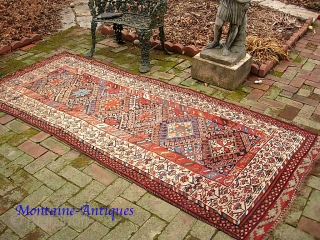 Kurdish. 3 ft 10 in  x 9 ft 0 in-- Glowing circa 19th century. White border with early Sauj Bulak design. Referred to as Western Mountains Kurd as well as Sauj  ...