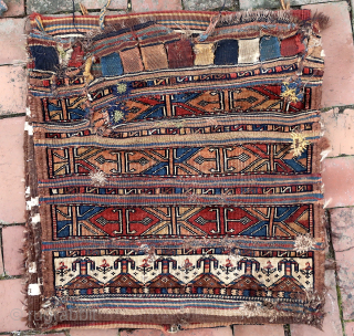  Ancient Veramin Full Double Bag— approx 23 × 23”
 
Full double bags with striped backing. Typical of Veramin, faces are comprised of alternating stripes of pile and flat weave. Appears to  ...