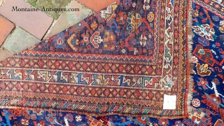 Khamseh SW-- 4.4 x 5. Tribal motifs with soft wool and myriad colors.  These are delicate pieces usually found worn out. This one is unusually fine condition.
CONDITION: Not perfect but quite  ...