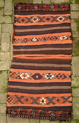 Kurdish Khorjin-- 24 x 24 in. (each)--This is a true pair;  they were originally joined together and used as double saddle bags then latercut apart and used as pillows. The natural  ...