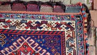 Qashqai-- 22 x 24 in. Colorful ancient ethnographic piece with good striped back.CONDITION: Shows its age but otherwise decent Please see all photos. US Shipping: $15 please call the shop for concise  ...