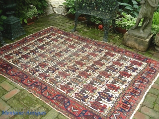 Afshar-- 5 ft 2 x 7 ft 3 in. Larger piece with Interesting Afshar motifs and white field. Low but even with foundation dots mainly center. Innocuous because of white field. $25  ...