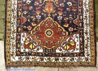 Bahktiari Gallery Runner-- 4 ft 5 in x 14 ft 2 in. Brown wool foundation. slightly flairs at the ends. Aside from this-- a very dynamic old rug in very good condition.  ...