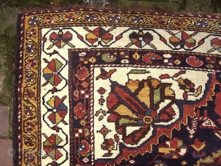 Bahktiari Gallery Runner-- 4 ft 5 in x 14 ft 2 in. Brown wool foundation. slightly flairs at the ends. Aside from this-- a very dynamic old rug in very good condition.  ...