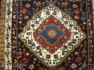 Bahktiari Gallery Runner-- 4 ft 5 in x 14 ft 2 in. Brown wool foundation. slightly flairs at the ends. Aside from this-- a very dynamic old rug in very good condition.  ...