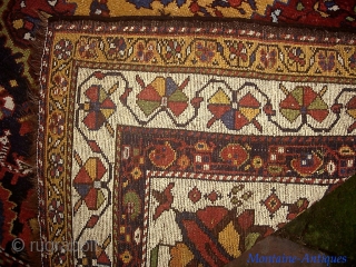 Bahktiari Gallery Runner-- 4 ft 5 in x 14 ft 2 in. Brown wool foundation. slightly flairs at the ends. Aside from this-- a very dynamic old rug in very good condition.  ...