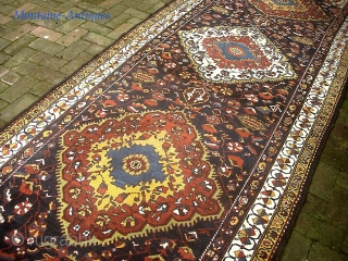 Bahktiari Gallery Runner-- 4 ft 5 in x 14 ft 2 in. Brown wool foundation. slightly flairs at the ends. Aside from this-- a very dynamic old rug in very good condition.  ...