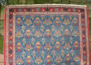 Persian village-- 3 ft 5 x 5 ft. I have no idea regarding maker. Somewhere in Persia. It is A very finely knotted piece (16x17= 272KPI); beautiful sky blue field and very  ...