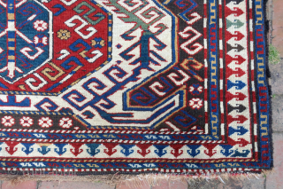 CAUCASIAN LENKORAN GALLERY RUG c. 19th cent--approx 4.6 x 9.6--Similar to Kazak but woven further east along the Caspian with dark weft and so-called Tosbaga (turtle) motifs--
Black oxidation mostly on far end  ...