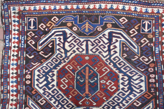 CAUCASIAN LENKORAN GALLERY RUG c. 19th cent--approx 4.6 x 9.6--Similar to Kazak but woven further east along the Caspian with dark weft and so-called Tosbaga (turtle) motifs--
Black oxidation mostly on far end  ...