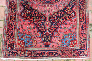 Fereghan Sarouk 19th cent-- 4.5 x 6.10 

Medallion with blue corners. Finely woven opulent old rug. Iron oxidation as shown. ($30 USA shipping)          