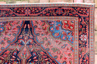 Fereghan Sarouk 19th cent-- 4.5 x 6.10 

Medallion with blue corners. Finely woven opulent old rug. Iron oxidation as shown. ($30 USA shipping)          