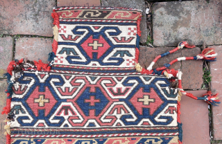 Shasavan Salt Bag circa 19th century-- approx 15 x 19” 
Possibly Hashtrud area. Ancient and well used. The softer original striped back was used till threadbare… then repaired to maintain functionality. Honest  ...